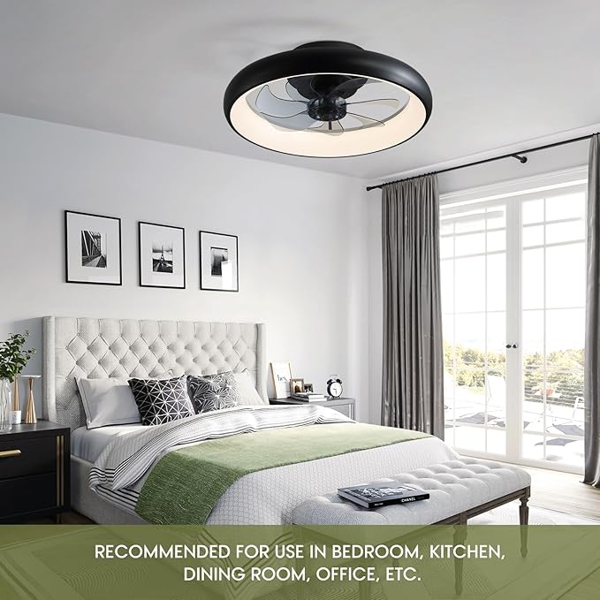 Ceiling Fans with Lights 20'' Flush Mount Fan Remote & APP Control Black Low Profile 6 Wind Speeds Smart Dimmable LED for Bedroom Living Room (Y1095-BK-ELE)