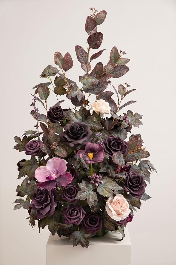 Ling's moment 41" Tall Fall Free Standing Artificial Flowers Arrangements 2pcs Wedding Aisle Runner Chair Decoration Fake deep Plum for Arch Entryway Ceremony Reception Church Rose Floral Party