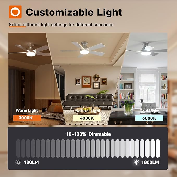 addlon Ceiling Fans with Lights, 42 Inch Low Profile Ceiling Fan with Light and Remote Control, Flush Mount, Reversible, 3CCT, Dimmable, Quiet, Silver Small Ceiling Fan for Bedroom Indoor/Outdoor Use