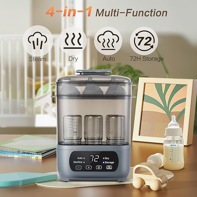 4-in-1 Baby Bottle Steamer and Dryer, Electric Steamer with Fast Drying, Universal Fit for All Bottles, LED Touch Screen & Auto Shut-Off Protection (Grey)
