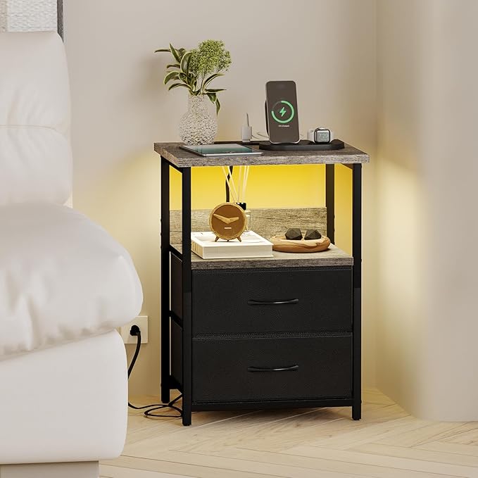 Fixwal Night Stand with Charging Station, LED Nightstand with U-S-B Ports and Outlets, 2 Fabric Storage Drawers with PU Finish, Bed Side Table, French Oak