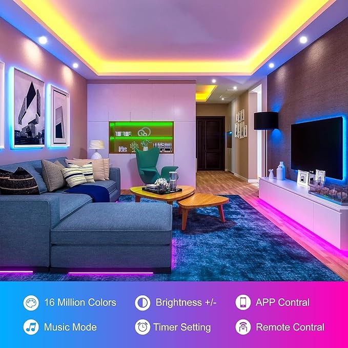 130ft Led Lights For Bedroom (2 Rolls of 65ft), Led Strip Lights Music Sync Color Changing, Led Light Strip With Remote & App Control Rgb Strip, Led Lights For Room Dorm Home Classroom Ceiling Decor