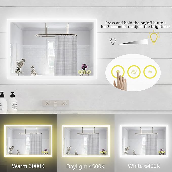 Wall-Mounted LED Square Bathroom Mirror, Makeup Mirror (40 inches x 24 inches,) 3 Color Dimming Bathroom Vanity Mirror with Lights Smart Mirror with Touch