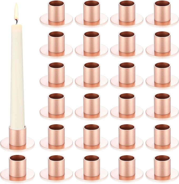 24 Pcs Rose Gold Taper Candle Holders Bulk for Pillar Candles Metal Short Candlestick Holder Rose Gold Centerpieces Decoration for Christmas Thanksgiving Anniversary Dinner Party