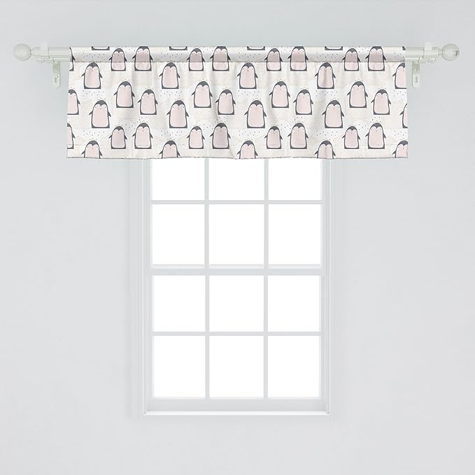 Ambesonne Penguin Window Valance Pack of 2, Pastel Colored Style Cartoon Animals from Antarctica Crowns on a Dotted Background, Rod Pocket Curtain Valances for Kitchen Bedroom, 42" X 18", Grey Pink