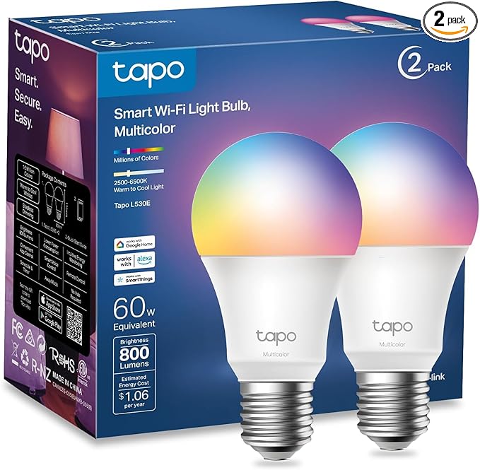 TP-Link Tapo Smart Light Bulbs, 16M Colors RGBW, Dimmable, Compatible with Alexa and Google Home, A19, 60W Equivalent, 800LM CRI>90, 2.4GHz WiFi only, No Hub Required, Tapo L530E(2-Pack)