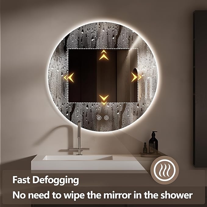 Niccy Round Led Mirror for Bathroom, 32" Circle Frameless Backlit Mirror wiht Light, Anti-Fog, 3 Colors, Waterproof, Memory Function