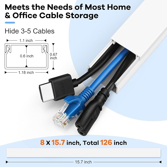 126in Cord Hider Kit (8 x L15.7in), ZhiYo Wire Hiders for TV on Wall, Paintable Cable Management Kit, Wire Cover for Wall Mount TV, Grey Cable Raceway, Cord Cover Wall Wire Management, W1.18in H0.67in