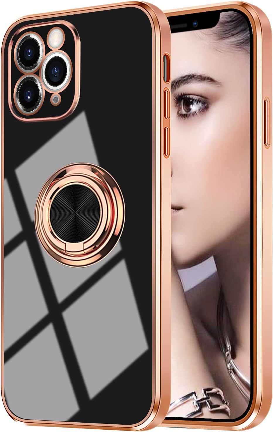 Omorro iPhone 11 Pro Max Case for Women, Bling Glitter Plating Rose Gold Slim Soft Luxury Cover with Ring Holder