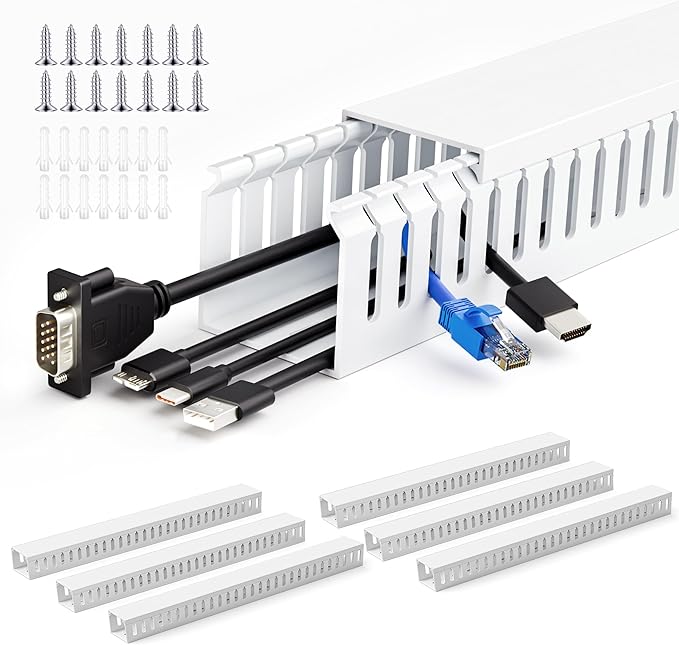 ZhiYo 2 x 2in Professional Server Rack Cable Management Raceway, 99in (6X L16.5in) Cable Raceway Kit, Electrically Safe PVC Open Slot Wire Raceway for Under Desk/Computer/Network Cords, White