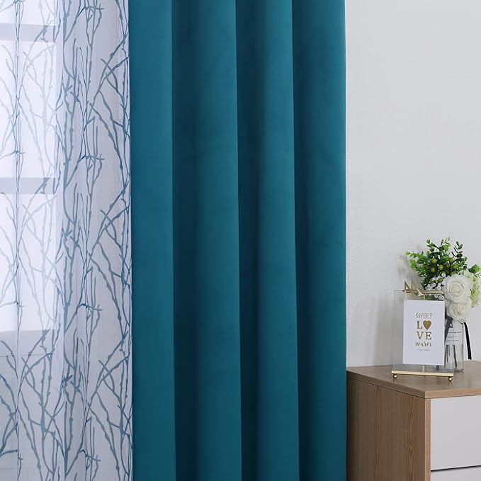 BONZER Mix and Match Curtains - 2 Pieces Branch Print Sheer Curtains and 2 Pieces Blackout Curtains for Bedroom Living Room Grommet Window Drapes, 37x95 Inch/Panel, Teal, Set of 4 Panels