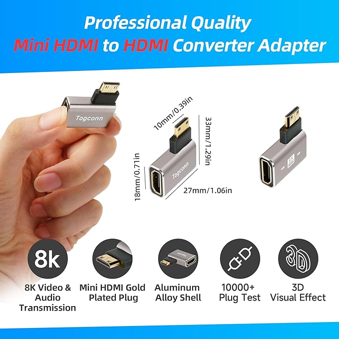 Right Angle HDMI to Mini HDMI Adapter 4 Pack, Multi-Type 90 Degree HDMI (Female) to Mini HDMI (Male) L-Shaped Extender Converter Connector Support 8K@60Hz, 4K@120Hz for Camera, Monitor, Raspberry Pi