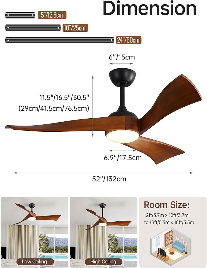 Sofucor 52 Inch Ceiling Fans with Lights, Solid Wood Indoor/Outdoor Ceiling Fan with Remote, Reversible DC Motor, 3 Blade Modern Ceiling Fan Light, Low Profile Ceiling Fans for Bedroom Patio Kitchen