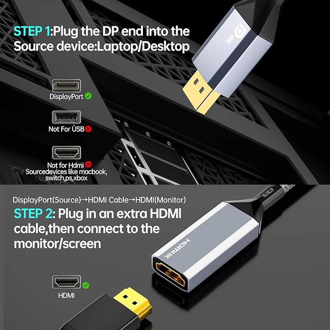 Active DisplayPort to HDMI Adapter, 8K@60Hz 4K@120Hz, DP 1.4 to HDMI 2.1 Converter, Unidirectional for Gaming PC, Laptop, GPU to Monitor, TV, Projector