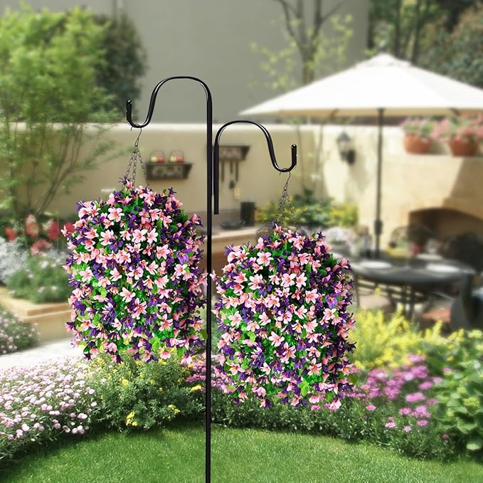INQCMY Artificial Hanging Flowers in Basket for Outdoor Summer Decoration,4pcs Faux Silk Violet in Planter UV Resistant for Outside Home Patio Garden Proch Deck Decor(Pink Purple)