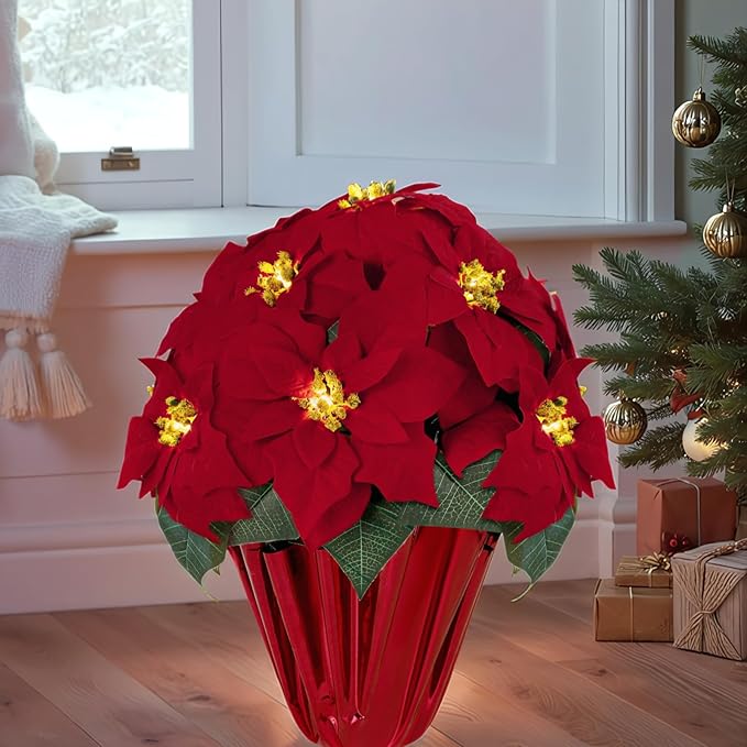 2 Pack 18" Lighted Large Artificial Poinsettias for Outdoors LED Poinsettia Flowers Artificial Faux Poinsettia Plants Poinsettia Christmas Decorations for Office Home Kitchen Decor (Red Paper)