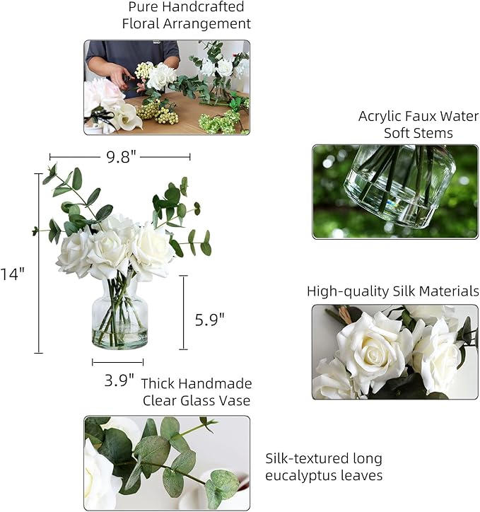 14" Artificial Flowers with White Roses in Vase, Fake Flowers in Artificial Water Vase, Silk Flower Arrangements with Artificial Flowers for Home Dining Table Decor.