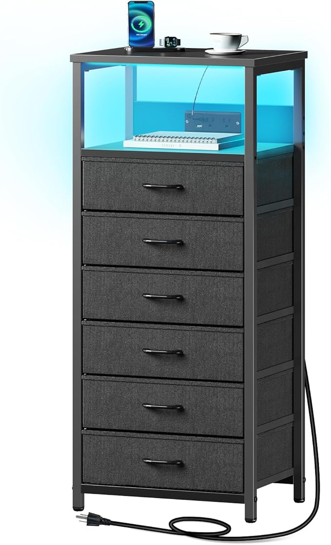Seventable Night Stand with Charging Station, Tall Nightstand with 6 Fabric Storage Drawers, Side Table with LED Light for Bedroom, Entryway, Black, Set of 2