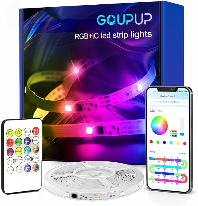 GUPUP 16.4 FT Smart RGB IC RGB LED Strip Lights for Bedroom, 5050 LED Lights for Room, DIY Multiple Colors on One Line, Color Changing Strip Lighting Music Sync, Halloween, Christmas