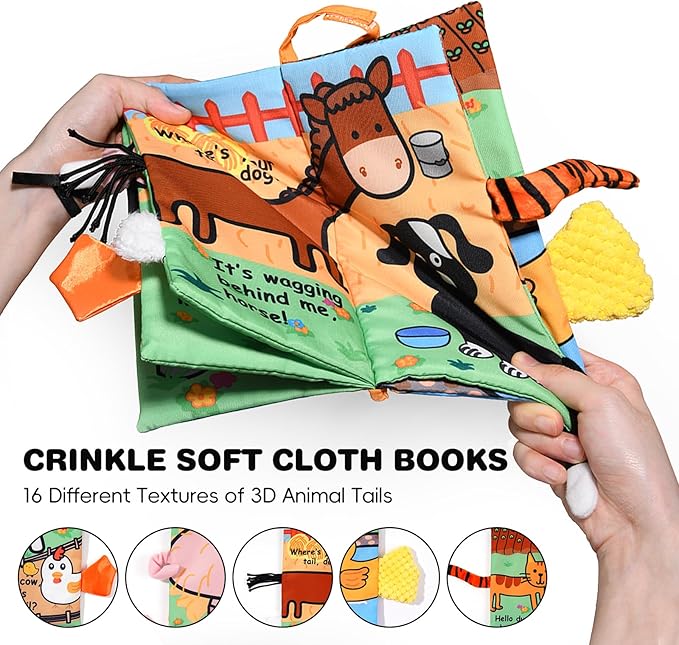 Jollybaby 2 PCS Sensory Touch and Feel Crinkle Books for Baby 0-6 Months, Jungle Farm Tails Montessori Car Set Toys for Tummy Time Newborn 6-12, Soft Fabric Cloth Books for Infant 1 Year Old Gift