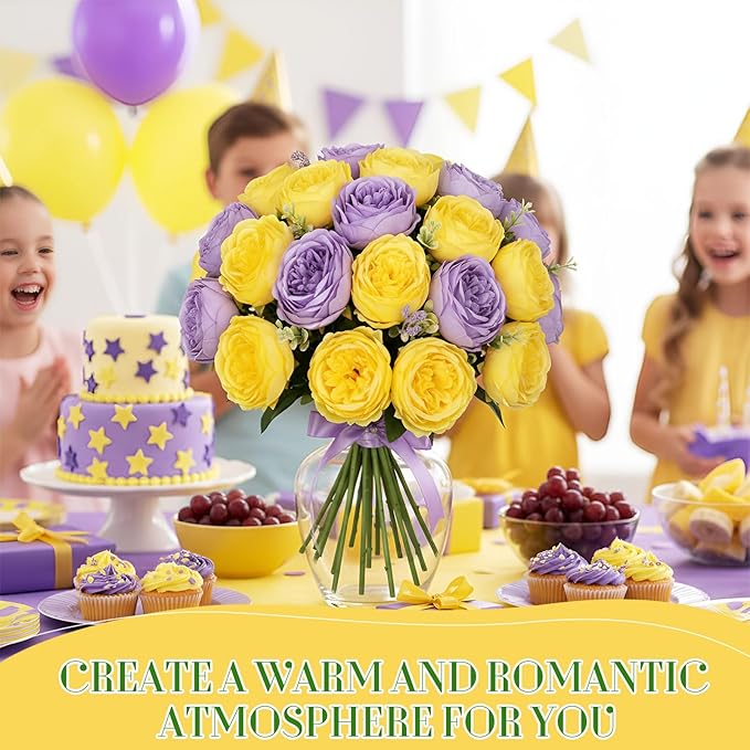 Geosar 16 Bundles Artificial Peonies Flowers Fake Silk Peony Bouquet Faux Peonies Flowers Bulk for Decoration Vase Floral Arrangements Wedding Party Table (Purple,Yellow)