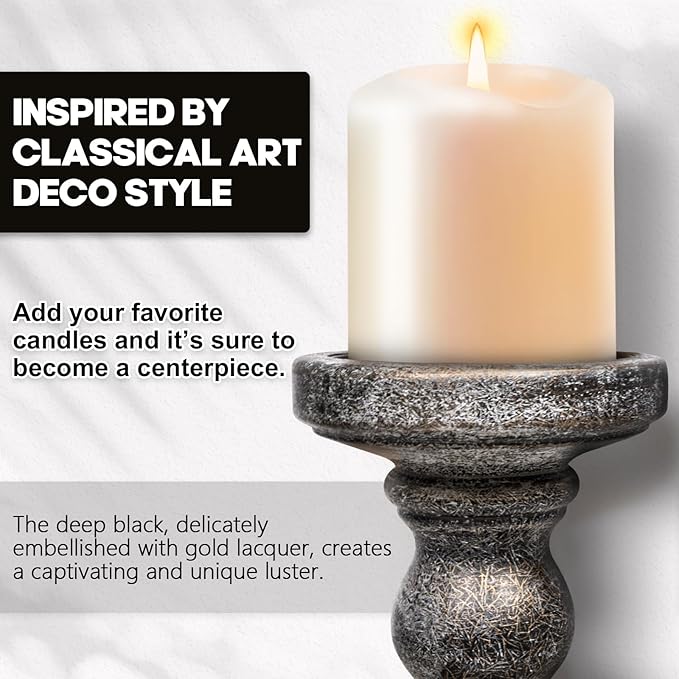 Candle Holder for Pillar Candle Set of 3, Farmhouse Wood Candle Holder, Rustic Wooden Candle Stand, Vintage Tall Candle Stand Decorative for Living Room, Table Centerpiece, Black Gold