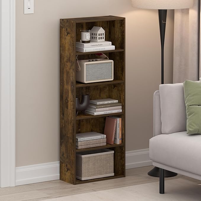 Furinno Basic Book Shelf, 5-Tier Bookshelf, Cube Storage Organizer Bookcase with Open Shelf, 7 x 17 x 44, for Living Room, Bedroom, Home Office, Amber Pine
