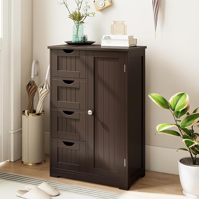 Giantex Bathroom Storage Cabinet with Drawers - 4 Drawer Storage Organizer w/Cupboard, Adjustable Shelf, Anti-Toppling Device, Entryway Storage Unit Console Table, Bathroom Floor Cabinet (Brown)
