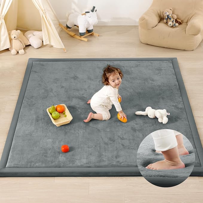 1.3" Thick Foam Baby Play Mat Extra Large 79x158, Basic Padded Plush Tummy Time Crawling Mat, Non-Slip Support Area Rug for Playroom Nursey Living Room (Dark Grey)