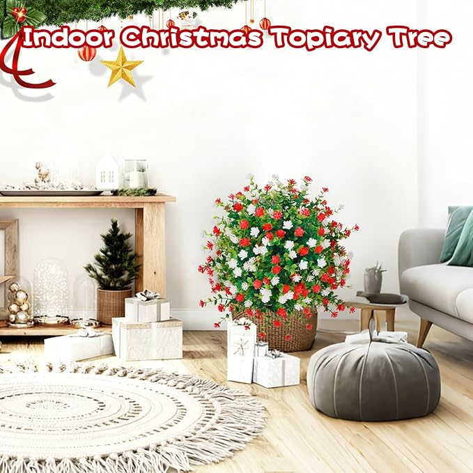 2 Pack Artificial Christmas Tree,Xmas Fake Topiary Ball Boxwood Trees with Ground Spikes,Faux Blooming Plants Shrubs Bushes for Outdoors Urn Filler Planters Garden Porch Christmas Decor