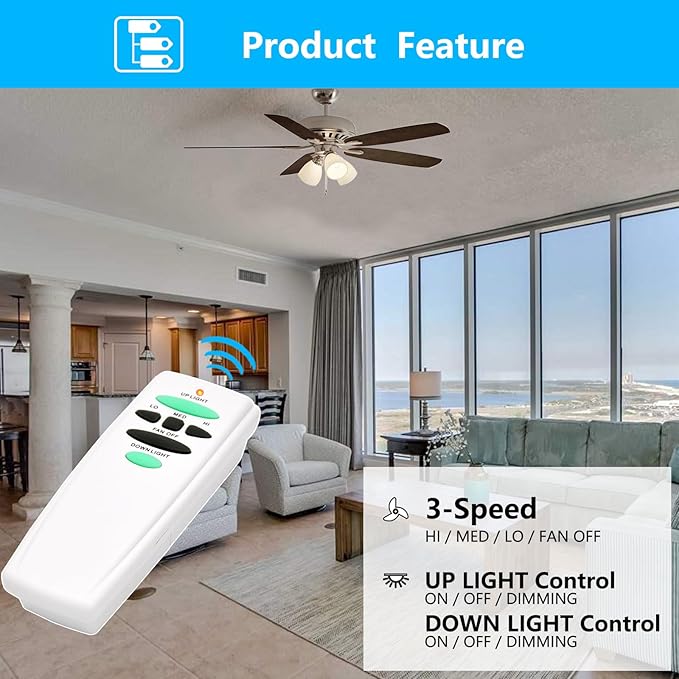 Universal Ceiling Fan Remote Control Kit with Up Down Light Controls Replacement for Hampton Bay Hunter Harbor Breeze,w/Receiver Dimmer 3-Speed,Replace for UC7078T CHQ7078T UC7083T CHQ7083T Fan-HD