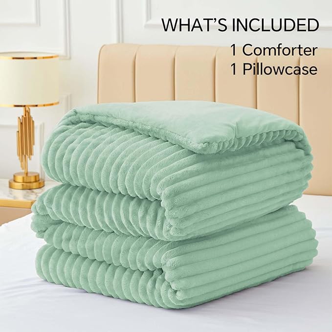 BEDELITE Fleece Twin Comforter Set -Super Soft & Warm Fluffy Light Green Bedding, Luxury Fuzzy Heavy Bed Set for Winter with 1 Pillow case