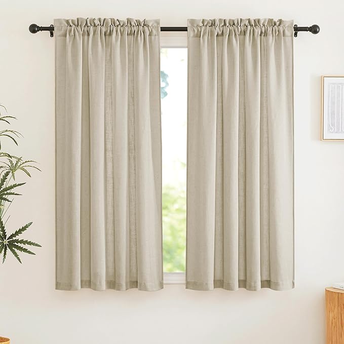 RYB HOME Semi Sheer Curtains 63 inches Long, Half Privacy Linen Textured Living Room Bedroom Curtains, Farmhouse Boho Curtains for Kitchen, Beige, W 52 x L 63 inch Long, 1 Pair