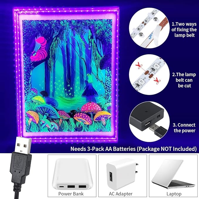 16.4FT Black Light Strip with USB Plug + Battery Box, Adhesive 300LEDs Blacklight Fixture, Battery & USB Operated for Glow Neon Party Birthday Glass Cabinet Fluorescent Poster Fishing Boat