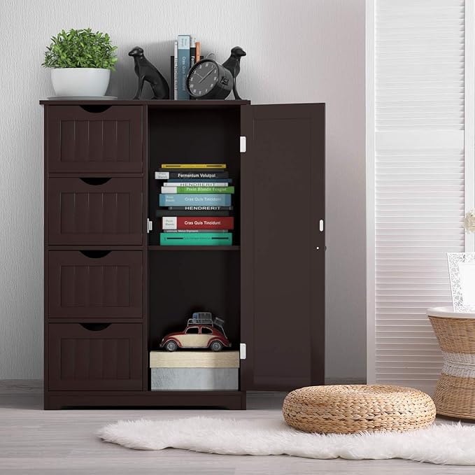 Giantex Bathroom Storage Cabinet with Drawers - 4 Drawer Storage Organizer w/Cupboard, Adjustable Shelf, Anti-Toppling Device, Entryway Storage Unit Console Table, Bathroom Floor Cabinet (Brown)