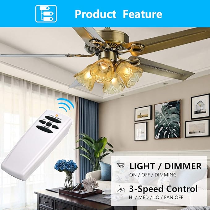 Universal Ceiling Fan Remote Control and Receiver Kit for Hampton Bay Hunter Harbor Breeze, 3-Speed Light Dimmer, Replacement for FAN28R FAN-53T L3H2010FANHD CHQ7078T UC7078T Fan-HD HD5 Kit