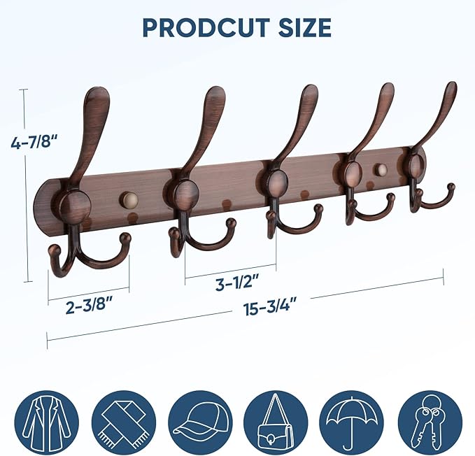 TICONN Wall Mounted Coat Rack, Five Heavy Duty Tri Hooks All Metal Construction for Jacket Coat Hat in Mudroom Entryway (Antique Bronze, 2-Pack)