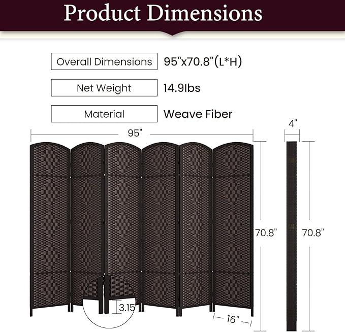 Rose Home Fashion 6 ft Tall Room Divider, Room Dividers and Folding Privacy Screens, 15.7in Privacy Screen 6 Panel Partition Temporary Wall Separation for Private, Dark Coffee