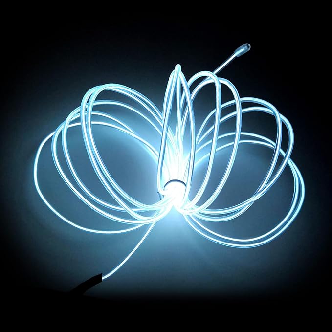 MaxLax EL Wire White, 2M Portable Battery Pack Neon Light Strip 360° Cuttable Glowing Rope Lights for Parties, Halloween, DIY Decoration