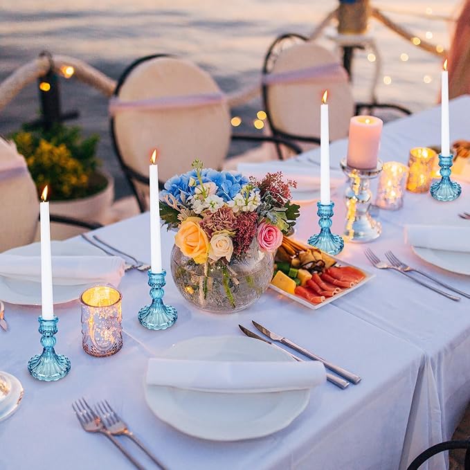 Suclain 24 Pcs Glass Taper Candle Holder Sets 12 Candlestick Holder with 12 White Long Candles for Wedding Party Decor Dinner Decoration(Blue)