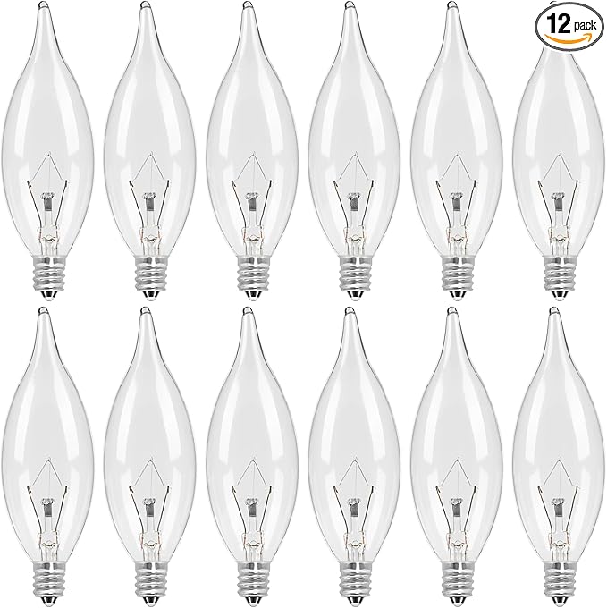 12-Pack E12 Candle Light Bulbs 40W Warm White 2500K, 380 Lumen Dimmable Chandelier Light Bulbs for Ceiling Fan, Pendants or Outdoor, CA10 Clear Candelabra Base Bulbs