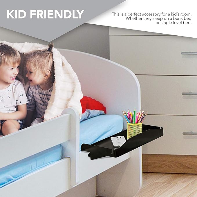 Modern Innovations Bedside Shelf for Bed, College Dorm Room, Bunk Bed Shelf/Caddy for Top Bunk, Clip On Nightstand Tray with Cord and Cup Holder for Table Storage (Black)