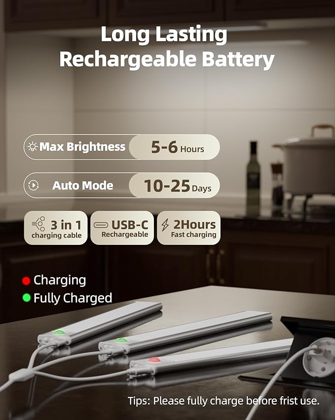 Under Cabinet Lighting Wireless,Rechargeable Battery Motion Sensor Light Indoor,LED Closet Lights USB Charging,3 Color Dimmable Under Cabinet Lights for Kitchen, Cabinet, Wardrobe (3 Pcs) 8inch
