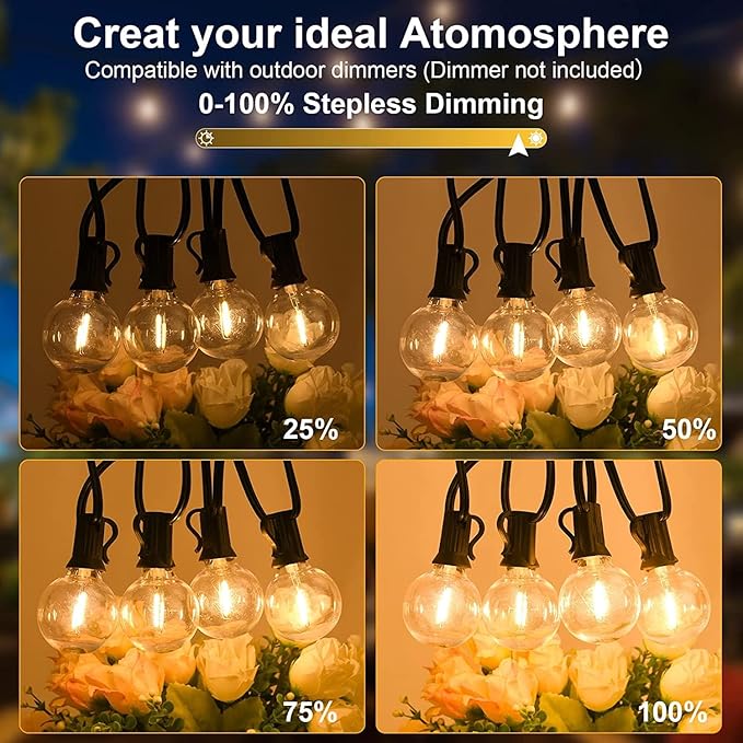 200ft 2-Pack Outdoor String Lights,Dimmable G40 LED String Lights with 104 Shatterproof Clear Bulbs UL Approval Waterproof Globe 1W 2700K Outdoor Lighting for Backyard Porch Cafe Party Wedding Garden