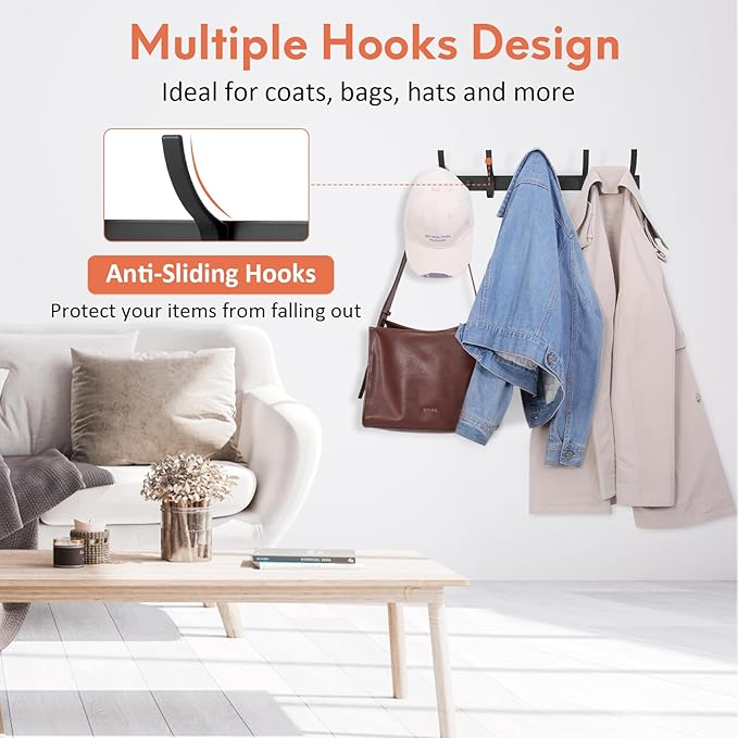 Coat Rack Wall Mount, Coat Hook Wall Mount, Wall Hooks for Hanging, Hat Rack for Walls, Coats Hanger with 10 Hook, Towel Hooks for Bathrooms (2 Pack, Black)