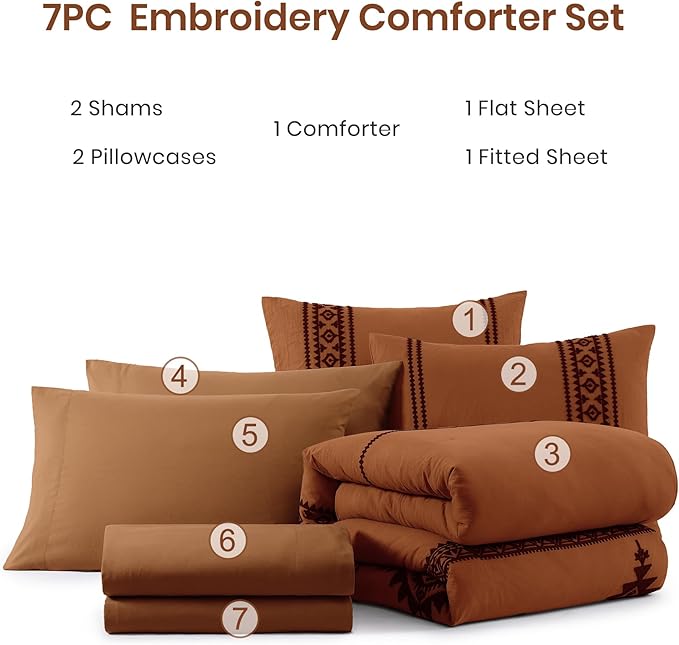 MaiRêve Burnt Orange Embroidery Comforter Sets Full Size - 7 Pieces, Farmhouse Western Boho Comforter Set, All Season Bed in A Bag Full Size with Sheets, Pillowcases & Shams