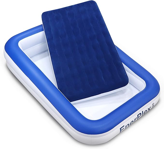 EnerPlex Kids Inflatable Travel Bed with High Speed Pump, Portable Blow up Toddler Air Mattress with Sides – Built-in Safety Bumper - Blue