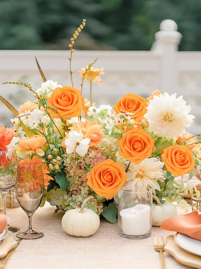 MACTING Artificial Rose Flowers 30PCS Real Touch Fake Flowers with Stem Orange Faux Foam Roses for DIY Wedding Bouquet Table Centerpieces Party Bridal Shower Home Fall Thanksgiving Decor