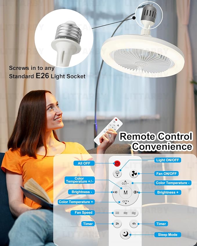 Socket Fan Light with Remote Control, 3 Colors 3000K-6500K Dimmable LED Light Bulb Fan Screw in Ceiling Fan for Bedroom, Kitchen, Storage Room, Closet, Wireless Small Ceiling Fans with Lights - White