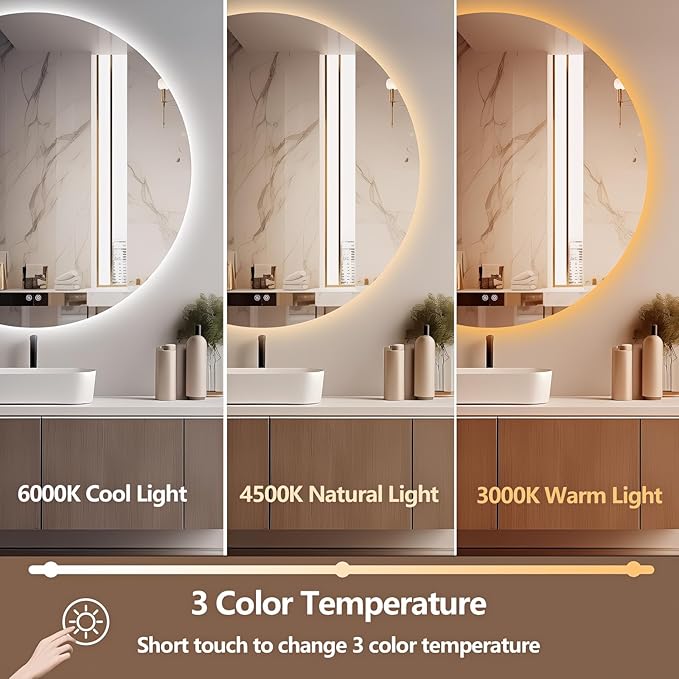 Niccy Round Led Mirror for Bathroom, 44" Circle Frameless Backlit Mirror wiht Light, Anti-Fog, 3 Colors, Waterproof, Memory Function